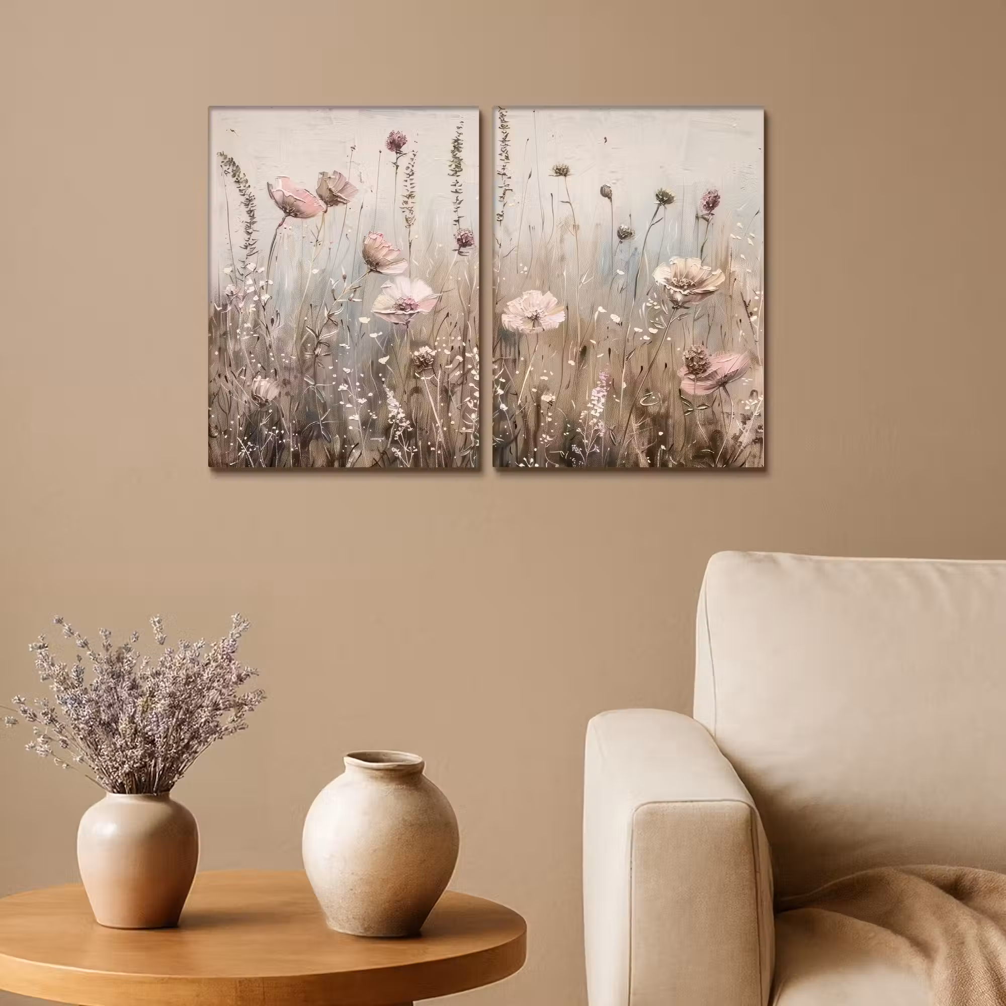 Leinwandbild - 2-teilig - Blumen - Beige - Modern - Rosa