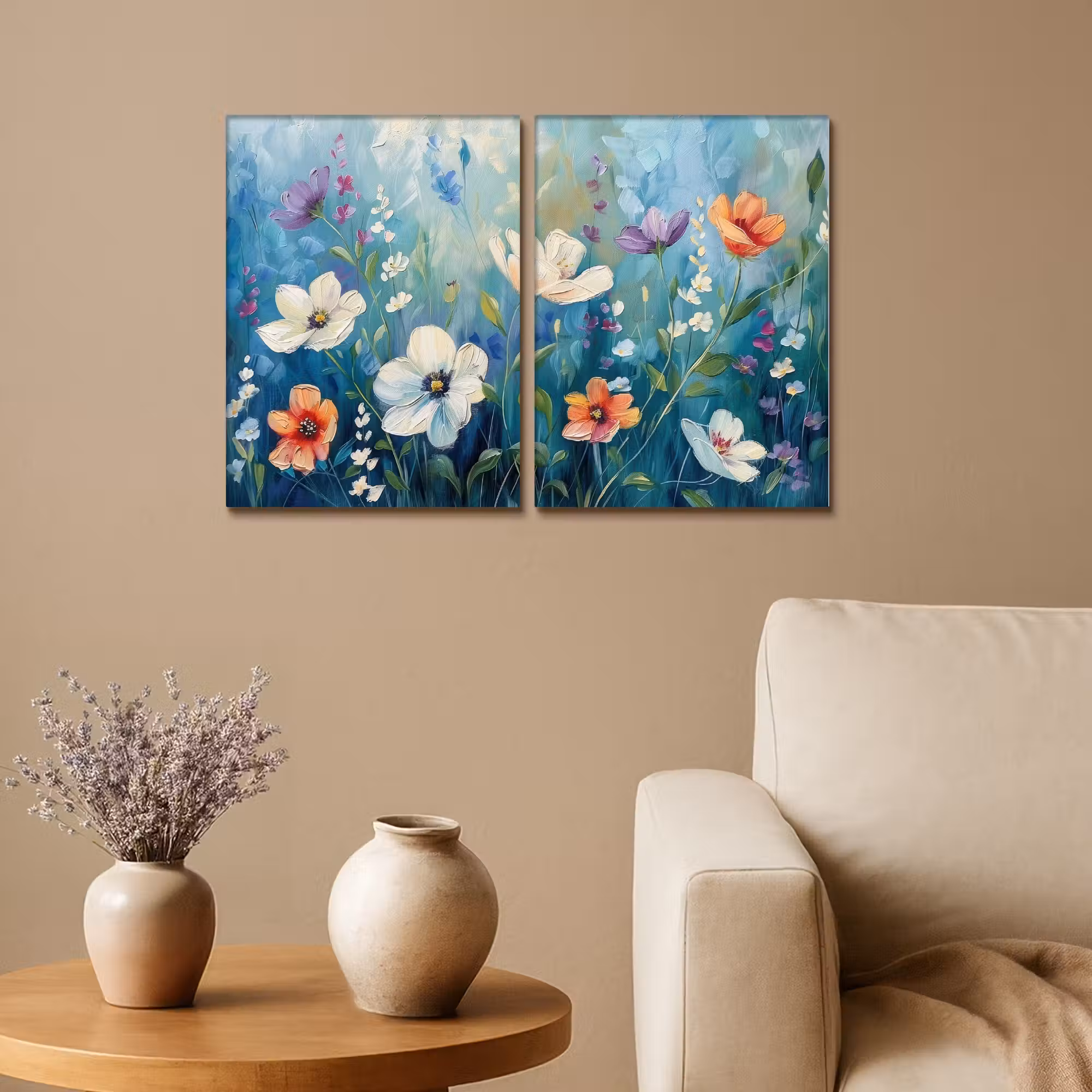Leinwandbild - 2-teilig - Blumen - Bunt - Blau - Natur