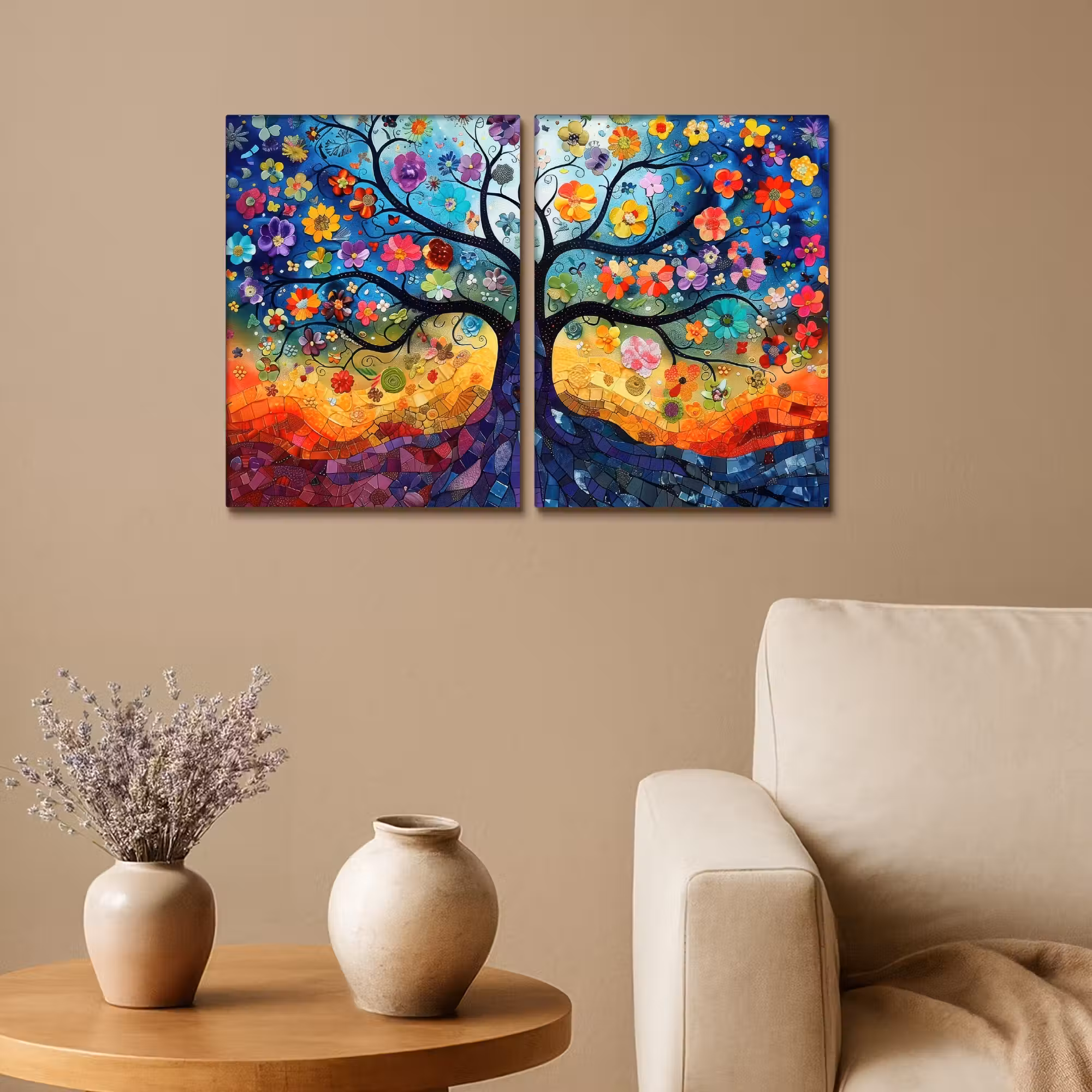 Leinwandbild - 2-teilig - Bunt - Baum des Lebens - Blumen - Abstrakt