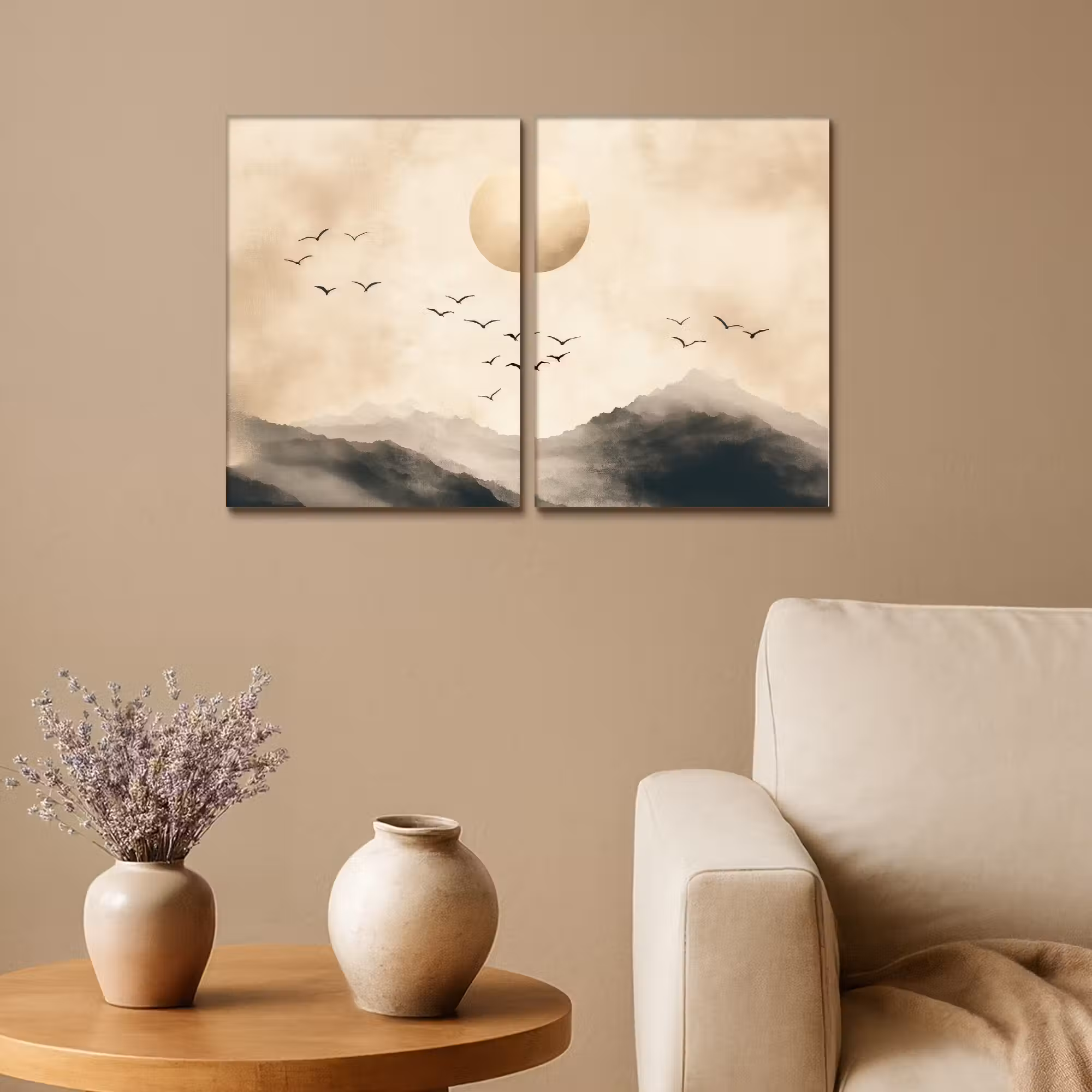 Leinwandbild - 2-teilig - Landschaft - Japandi - Beige - Vögel