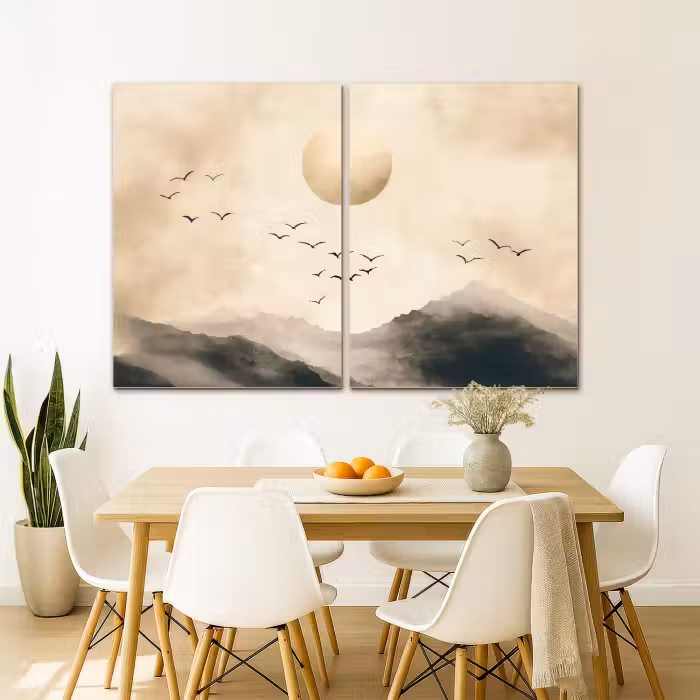Leinwandbild - 2-teilig - Landschaft - Japandi - Beige - Vögel