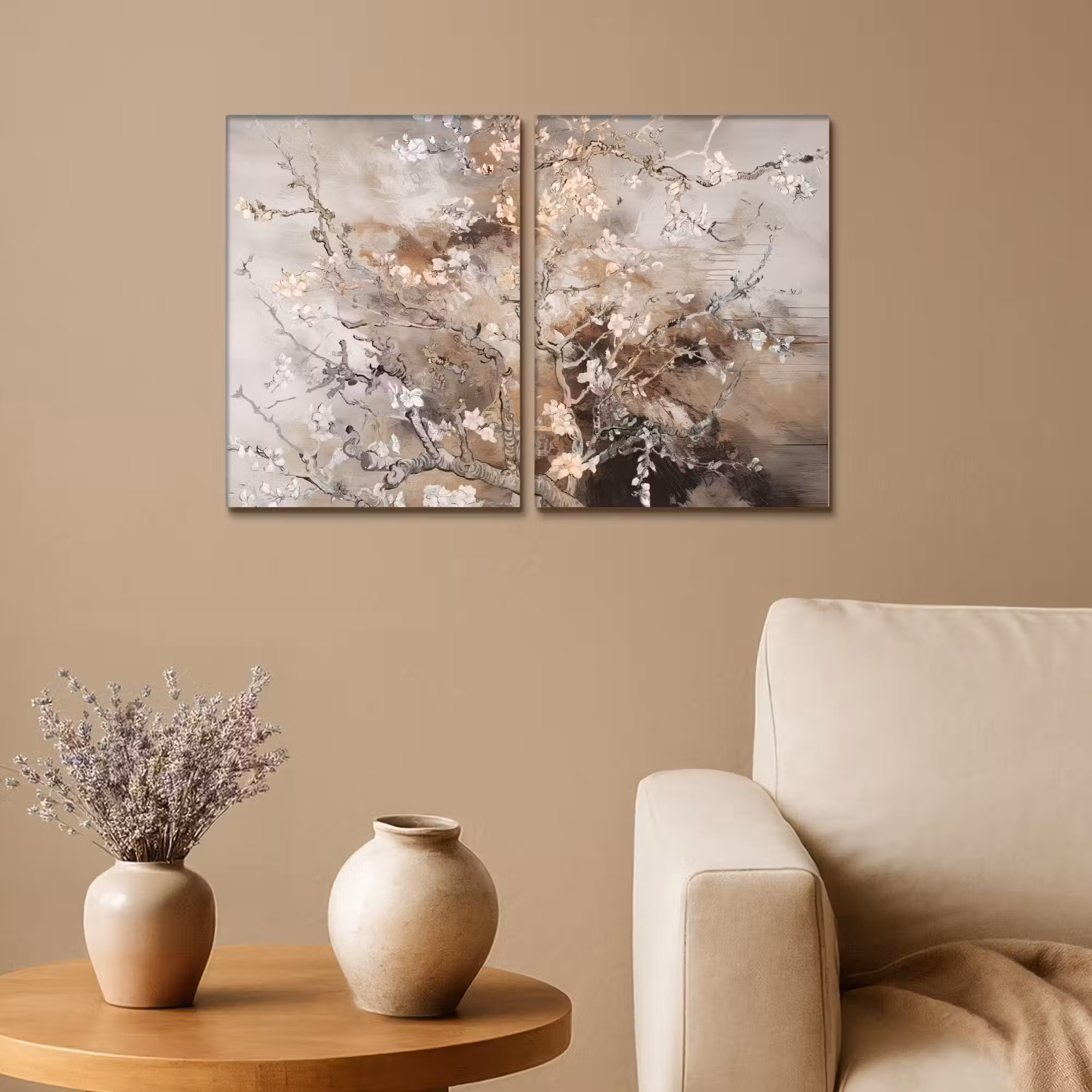 Leinwandbild - 2-teilig - Mandelblüte - Abstrakt - Beige