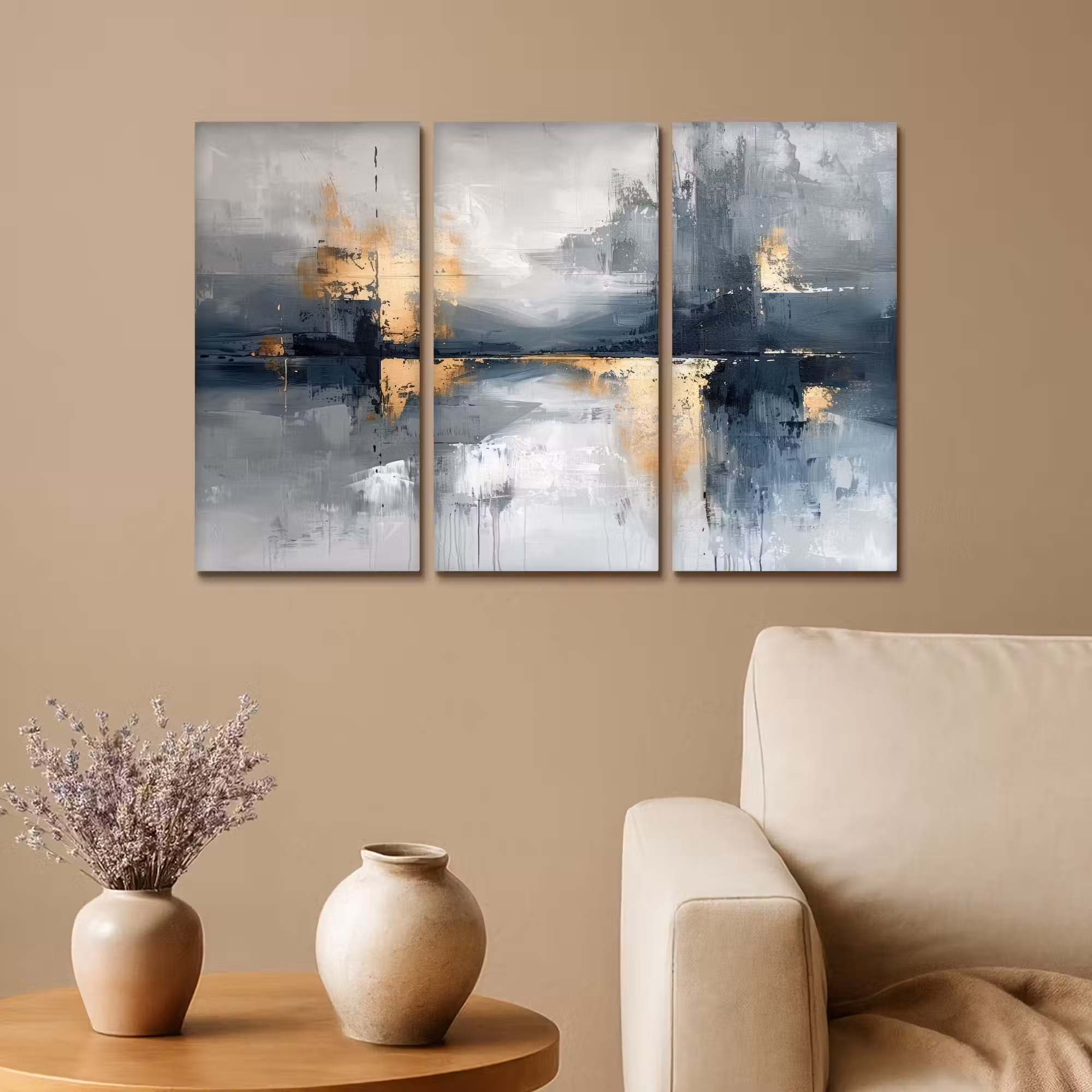 Leinwandbild - 3-teilig - Abstrakt - Grau - Gold - Modern