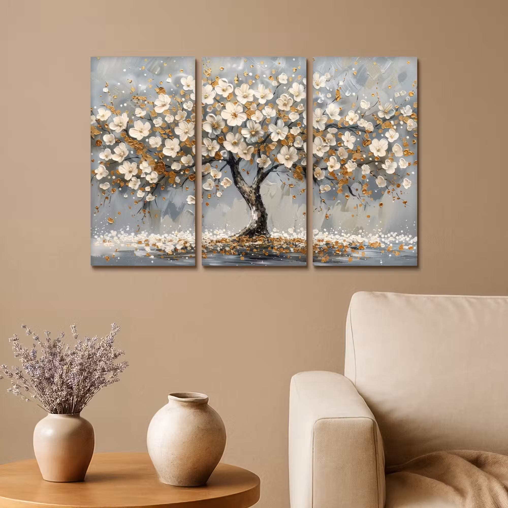Leinwandbild - 3-teilig - Baum - Abstrakt - Weiß - Blüte