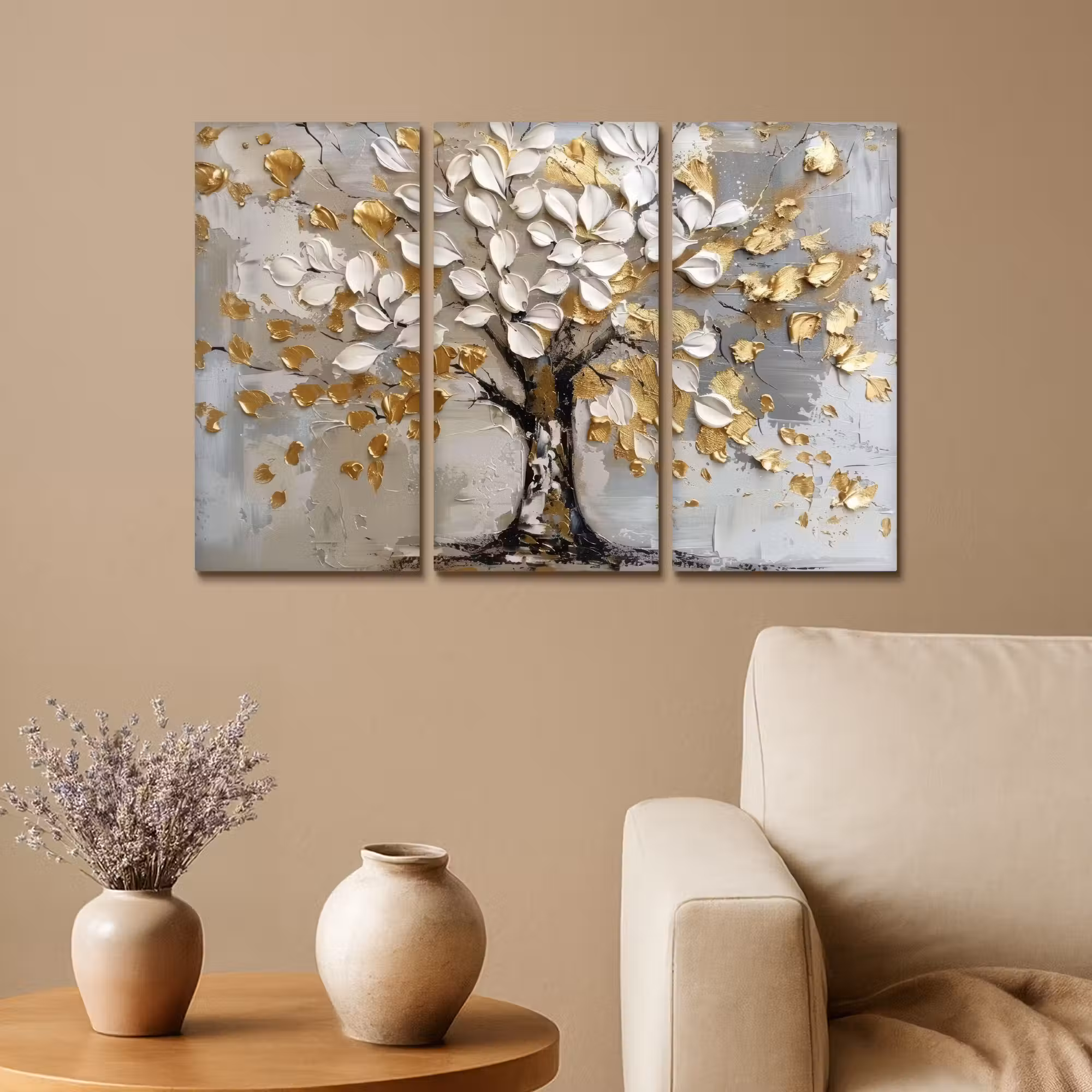 Leinwandbild - 3-teilig - Baum - Weiß - Gold - Lackoptik