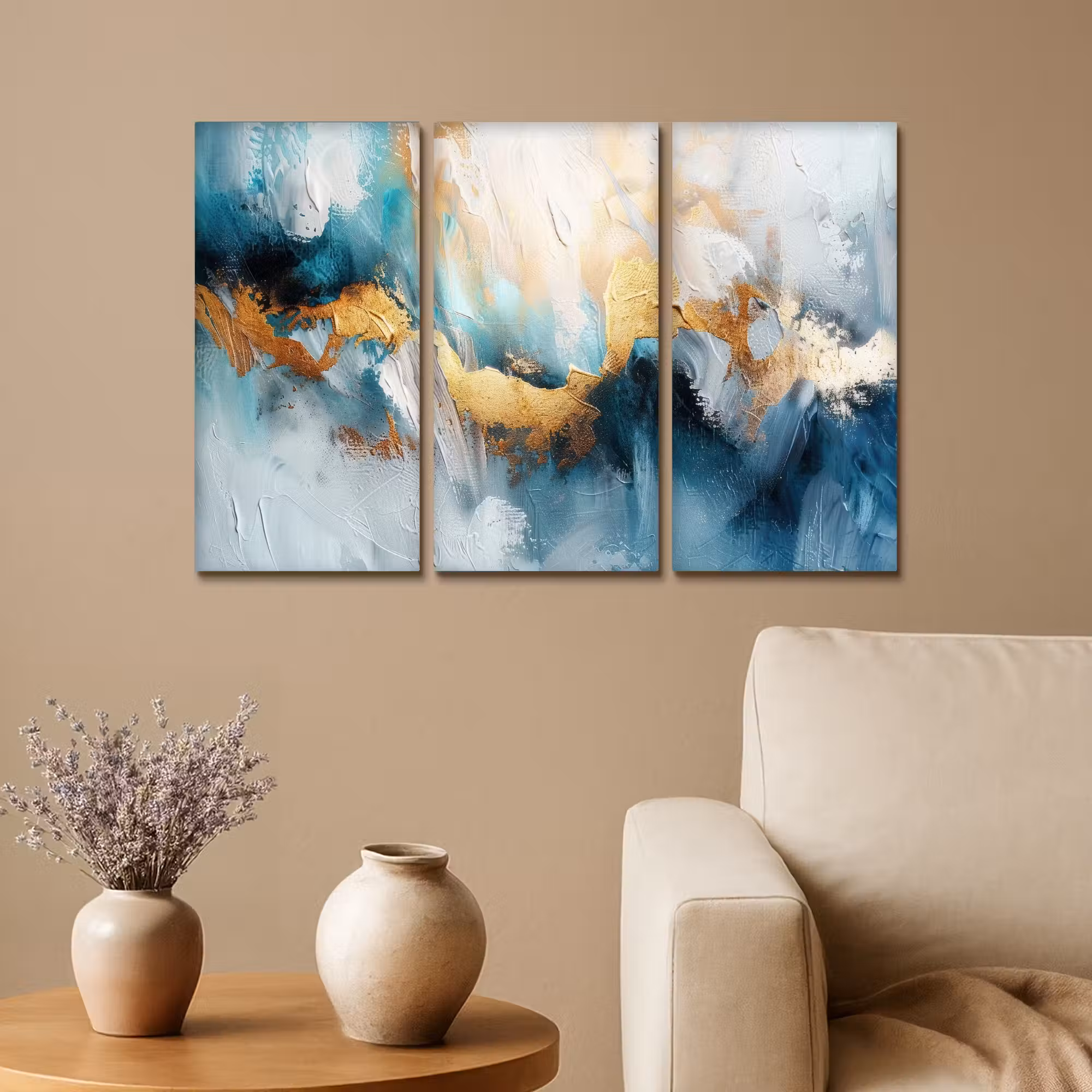 Leinwandbild - 3-teilig - Blau - Abstrakt - Weiß - Gold - Farbe