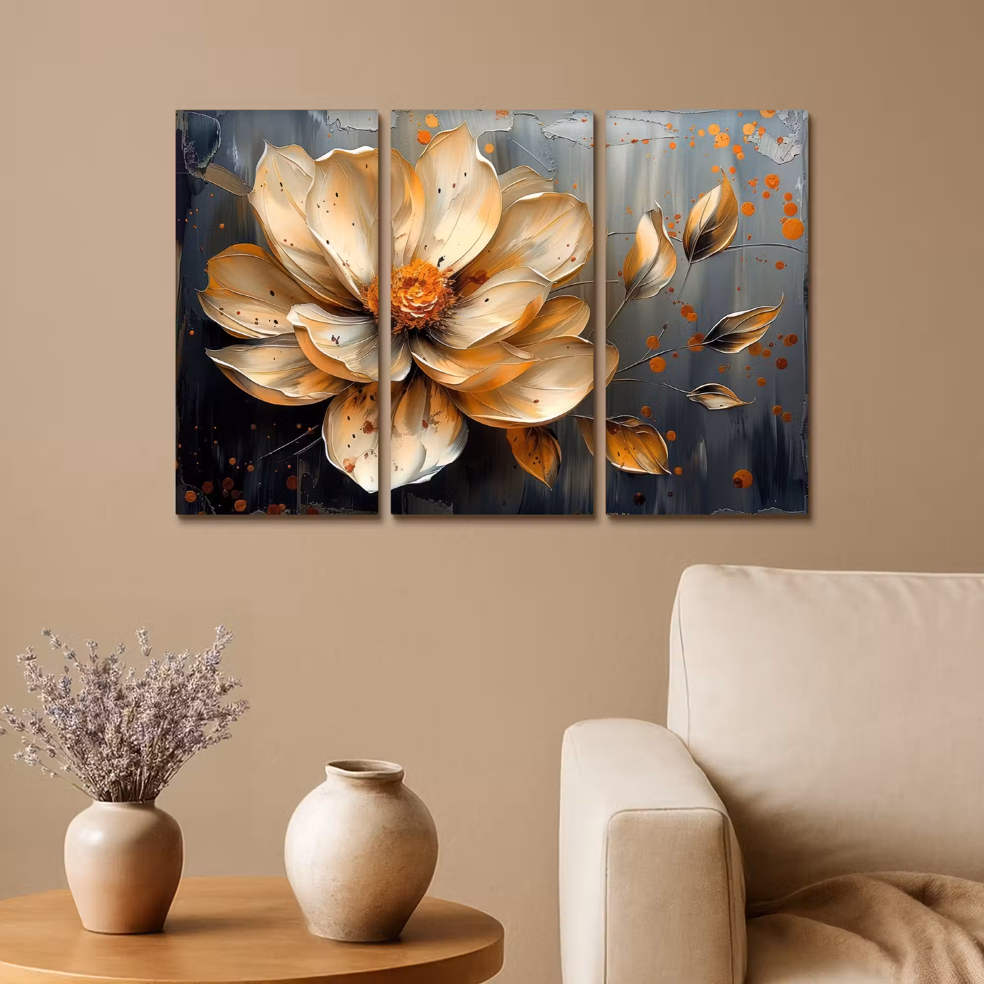 Leinwandbild - 3-teilig - Blume - Gold - Abstrakt - Farbe