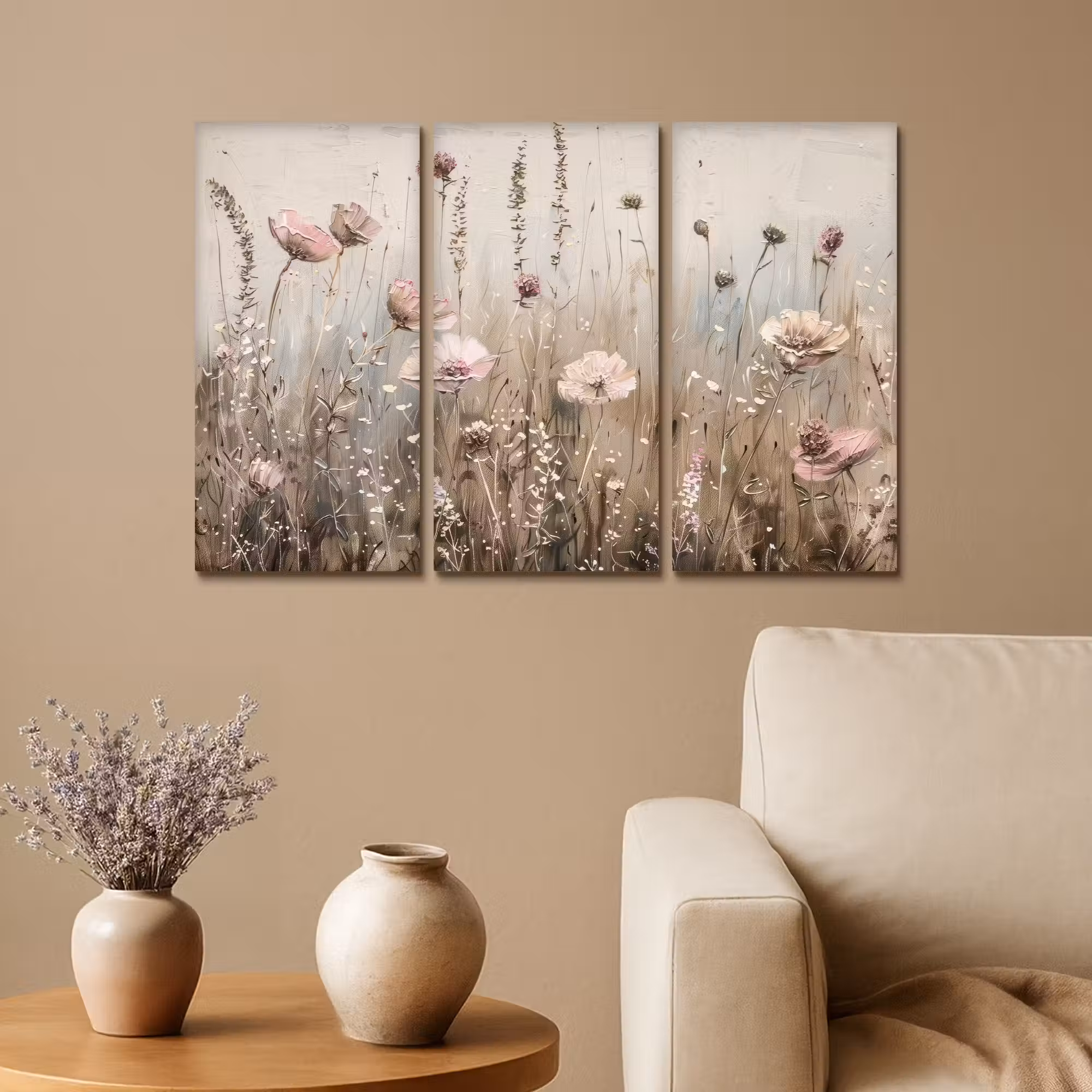 Leinwandbild - 3-teilig - Blumen - Beige - Modern - Rosa