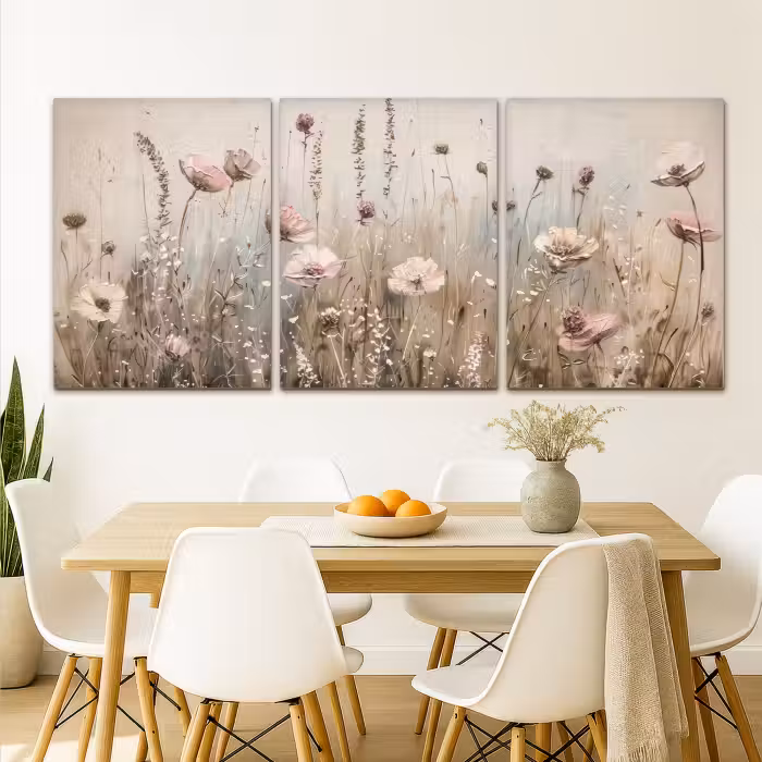 Leinwandbild - 3-teilig - Blumen - Beige - Modern - Rosa
