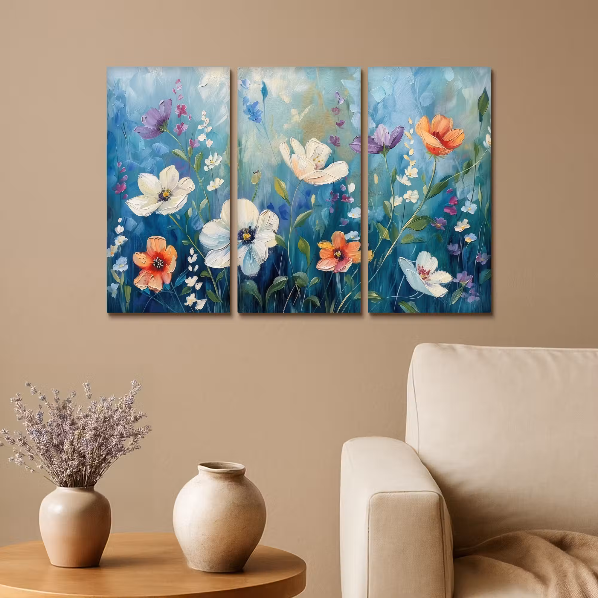 Leinwandbild - 3-teilig - Blumen - Bunt - Blau - Natur