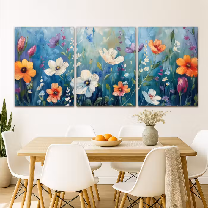Leinwandbild - 3-teilig - Blumen - Bunt - Blau - Natur
