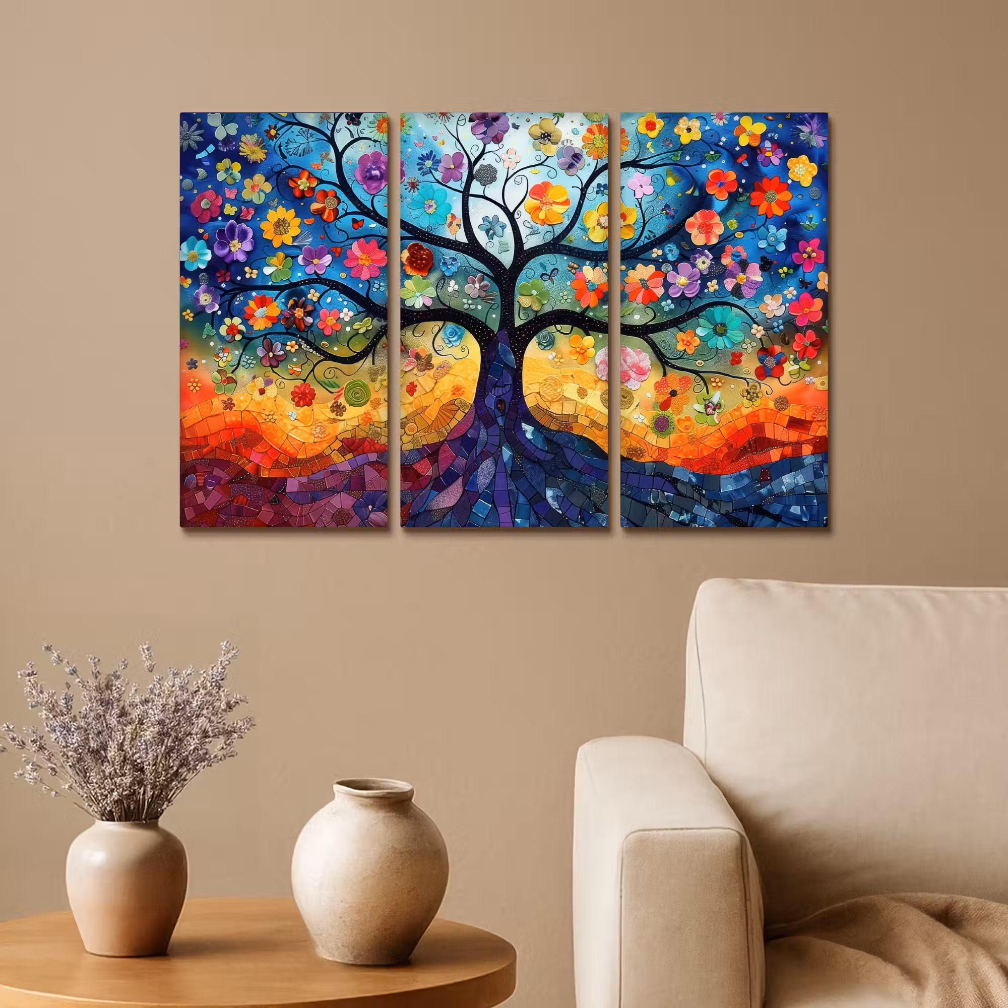 Leinwandbild - 3-teilig - Bunt - Baum des Lebens - Blumen - Abstrakt
