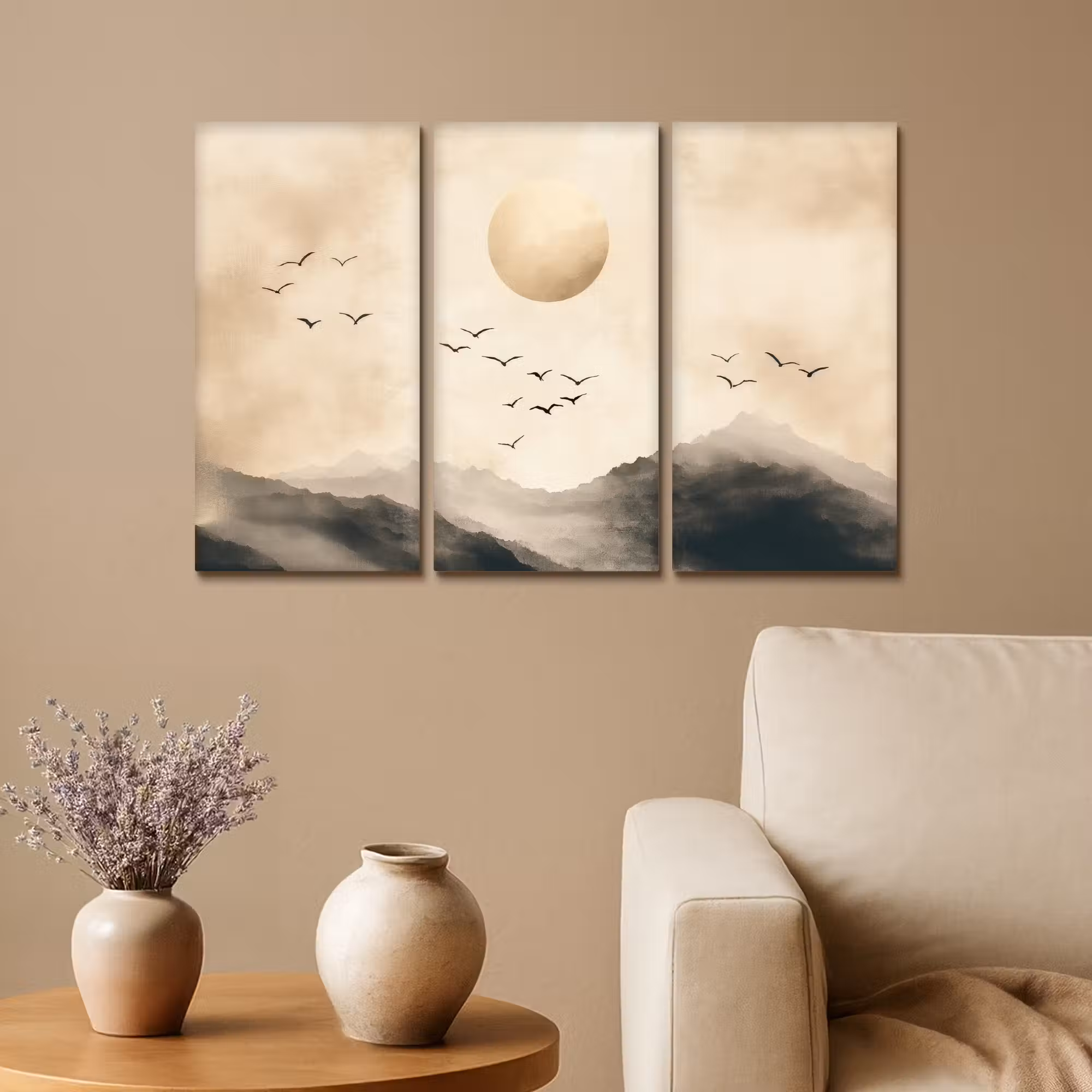 Leinwandbild - 3-teilig - Landschaft - Japandi - Beige - Vögel