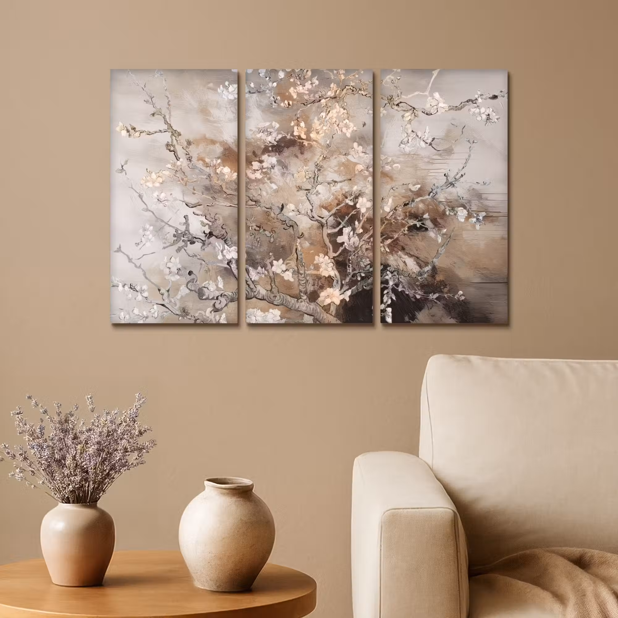 Leinwandbild - 3-teilig - Mandelblüte - Abstrakt - Beige