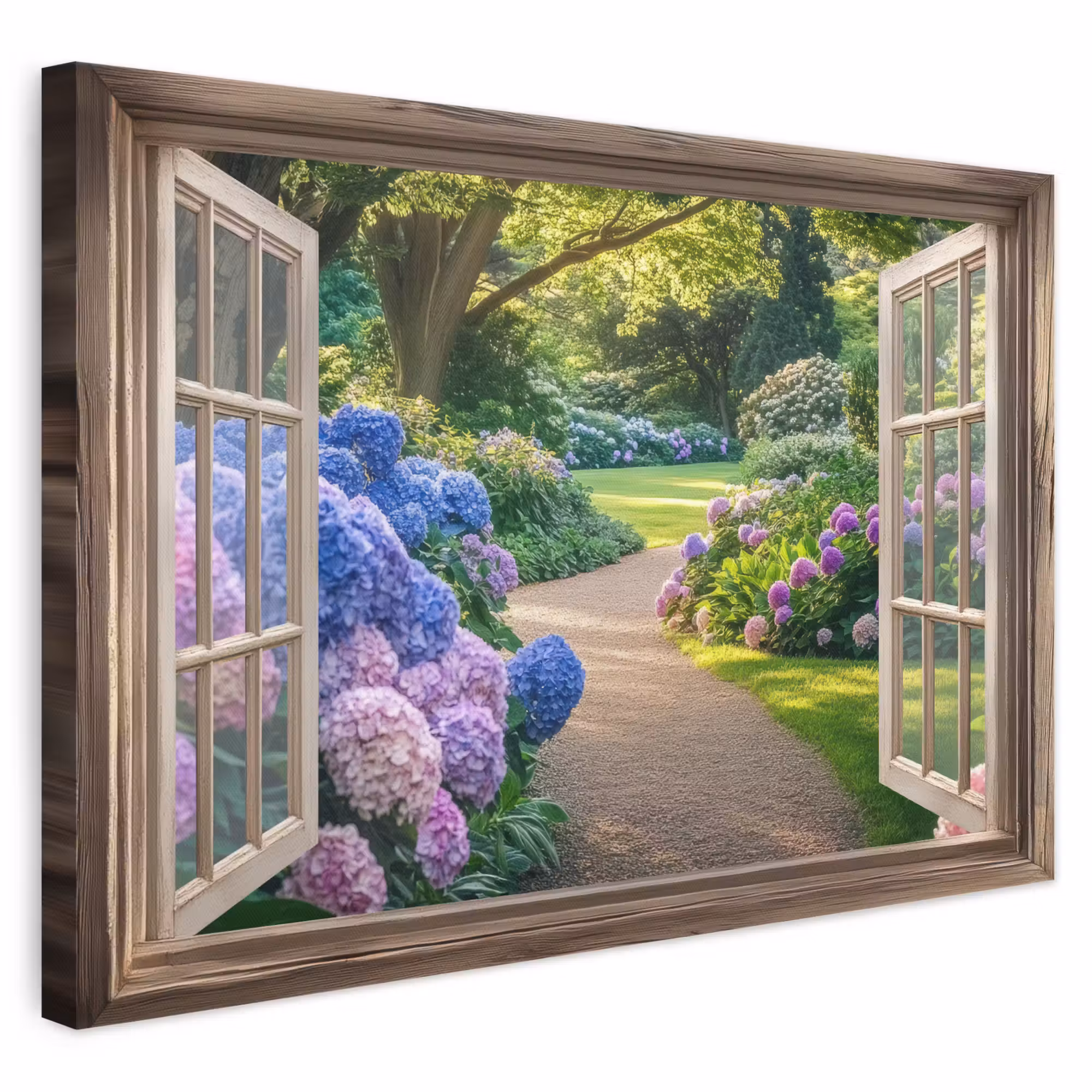 Leinwandbild - Aussicht - Garten - Fenster - Hortensie - Blumen