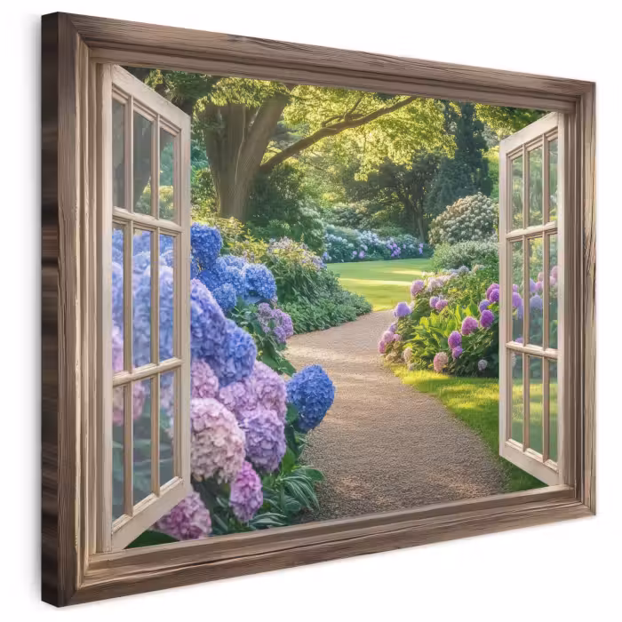 Leinwandbild - Aussicht - Garten - Fenster - Hortensie - Blumen