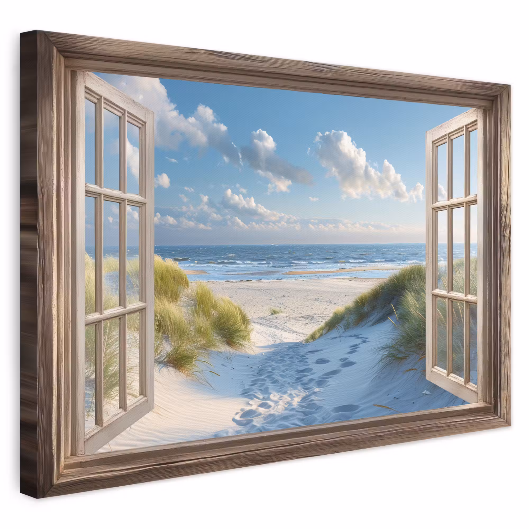 Leinwandbild - Aussicht - Strand - Fenster - Dünen - Meer