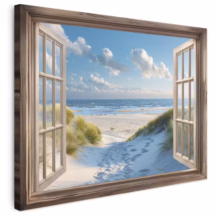 Leinwandbild - Aussicht - Strand - Fenster - Dünen - Meer
