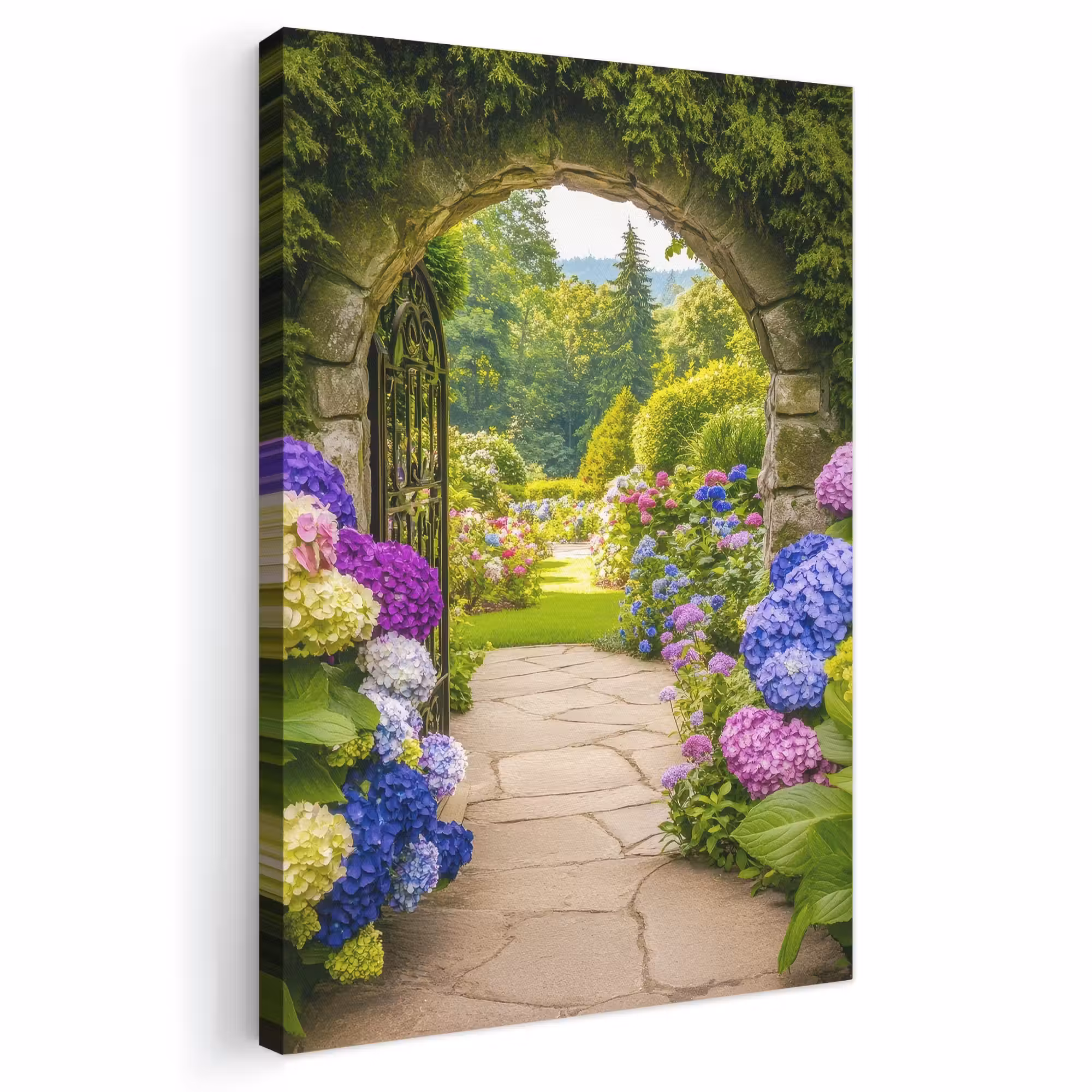 Leinwandbild - Aussicht - Tor - Hortensie - Blumengarten