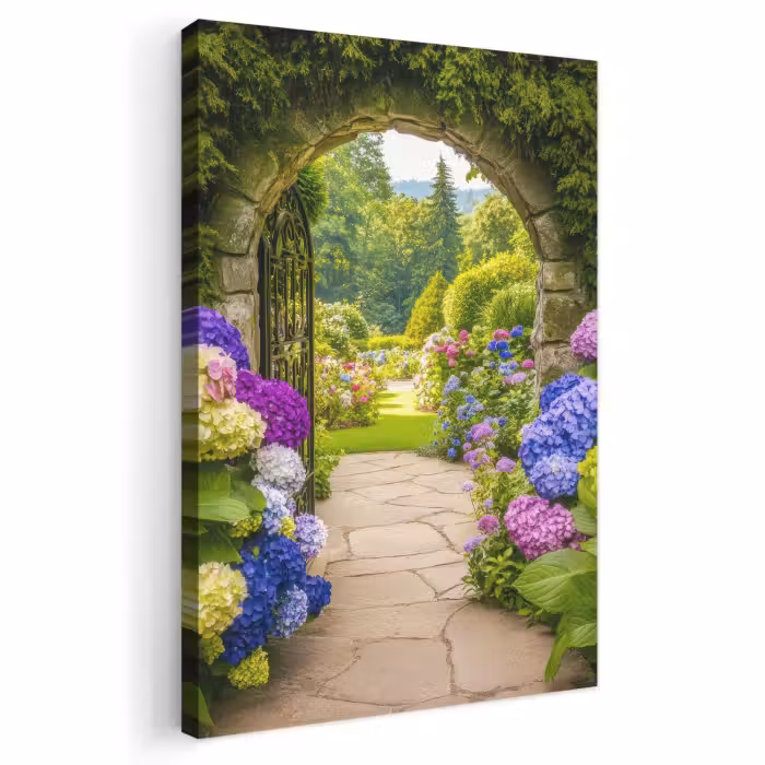 Leinwandbild - Aussicht - Tor - Hortensie - Blumengarten