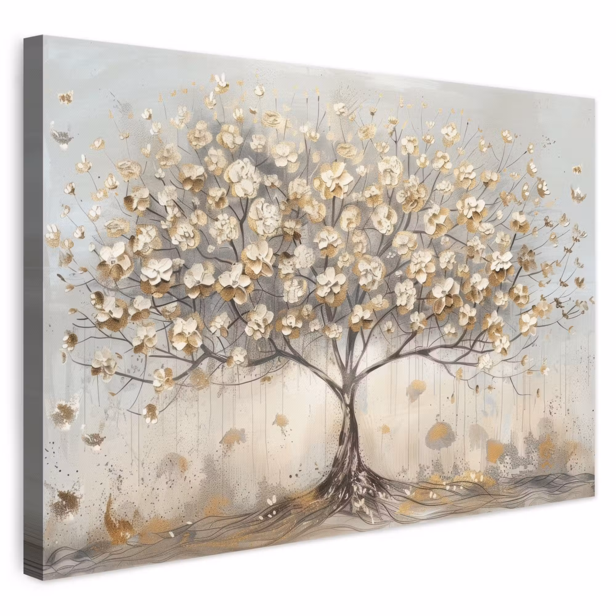 Leinwandbild - Baum - Beige - Gold - Lackoptik - Grau