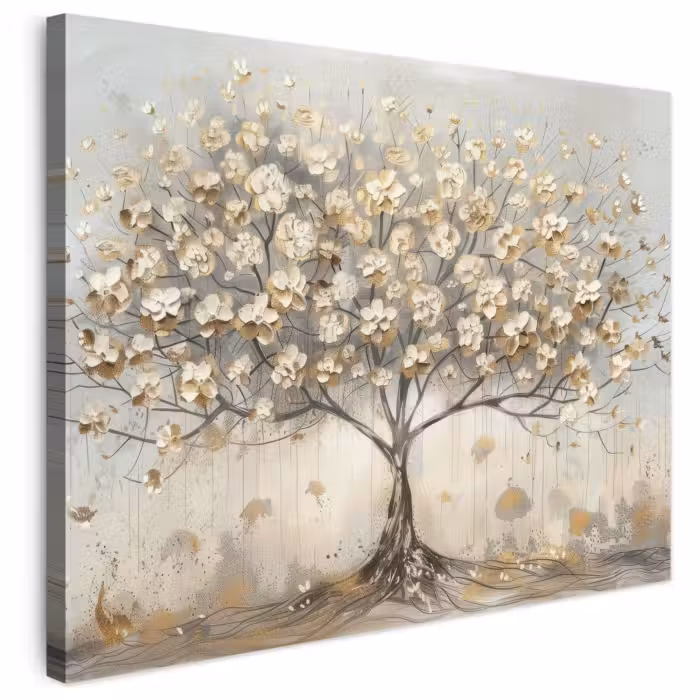 Leinwandbild - Baum - Beige - Gold - Lackoptik - Grau
