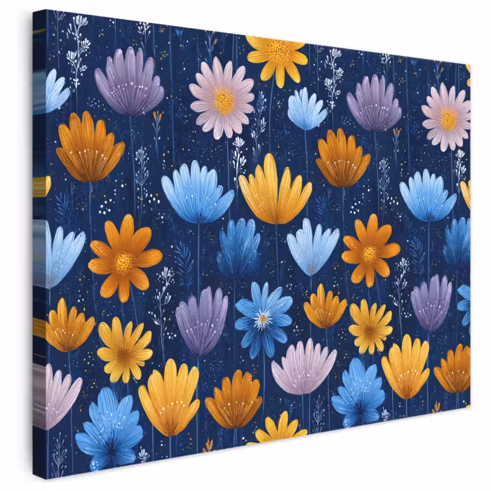 Leinwandbild - Blumen - Muster - Blau - Kontrast