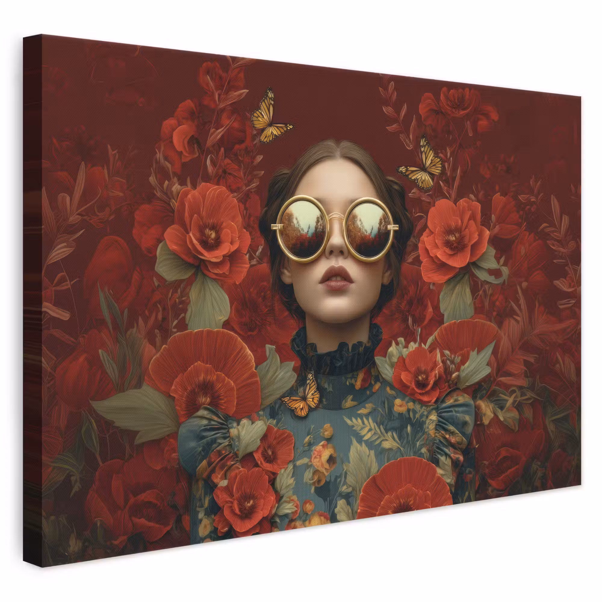 Leinwandbild - Blumen - Tiefrot - Sonnenbrille - Frau