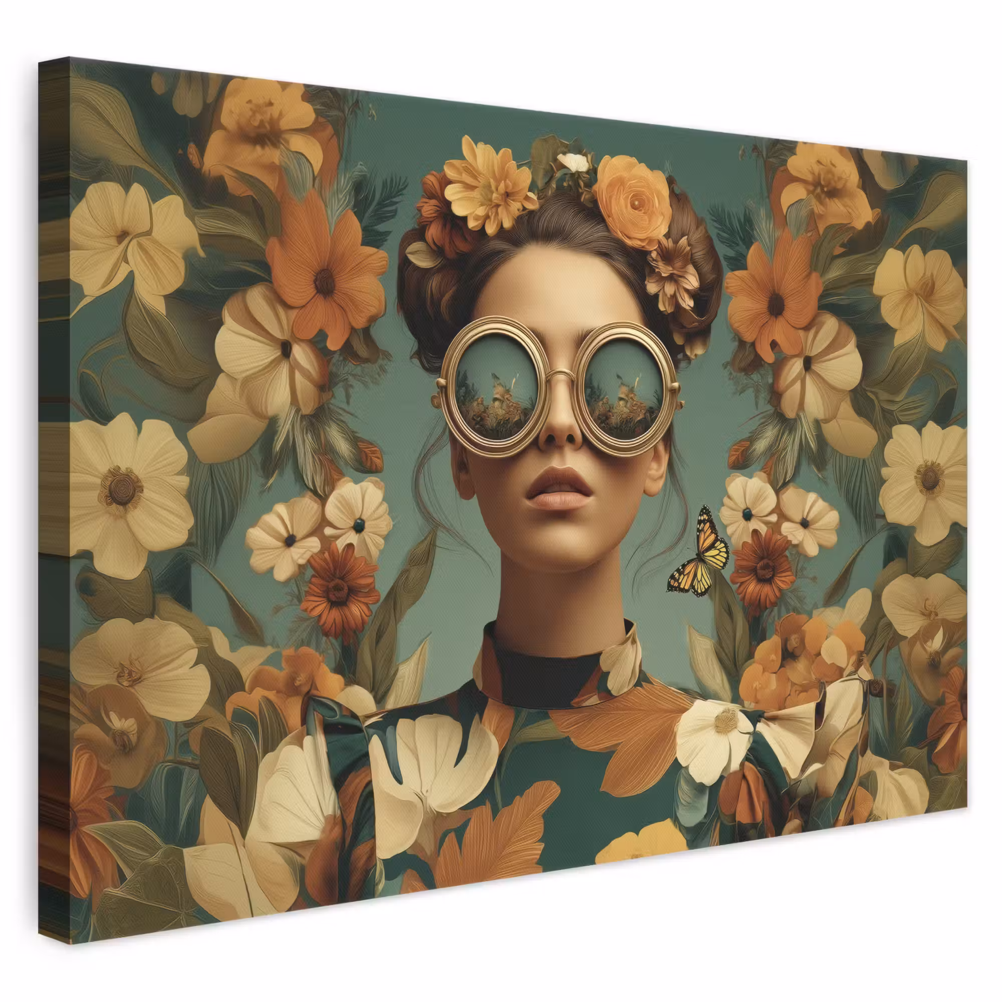 Leinwandbild - Blumenkranz - Gesicht der Frau - Sonnenbrille - Orange