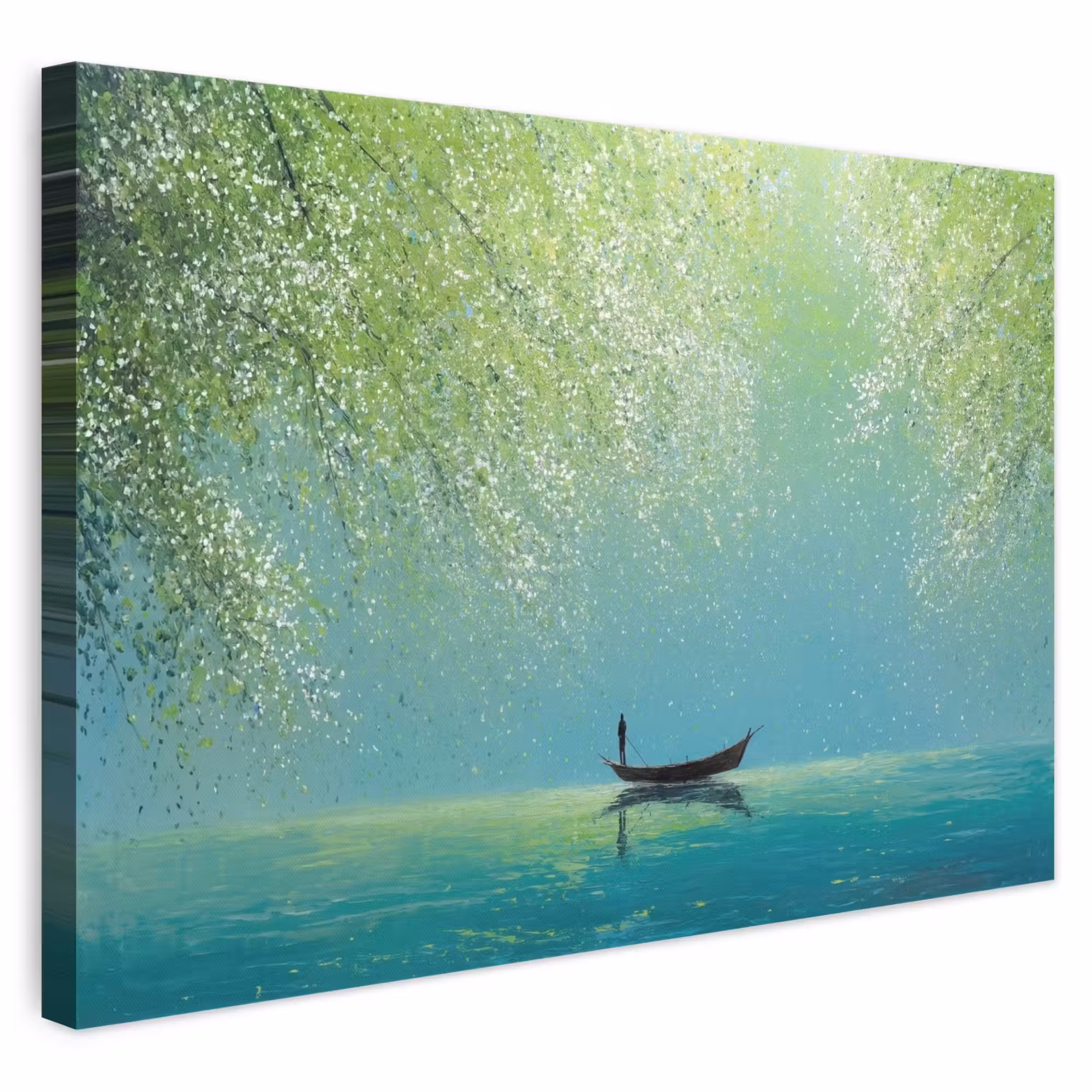 Leinwandbild - Boot - Wasser - Blätter - Blüten
