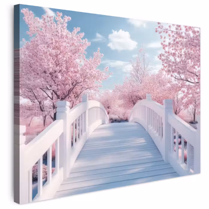 Leinwandbild - Brücke - Kirschbäume - Weiß