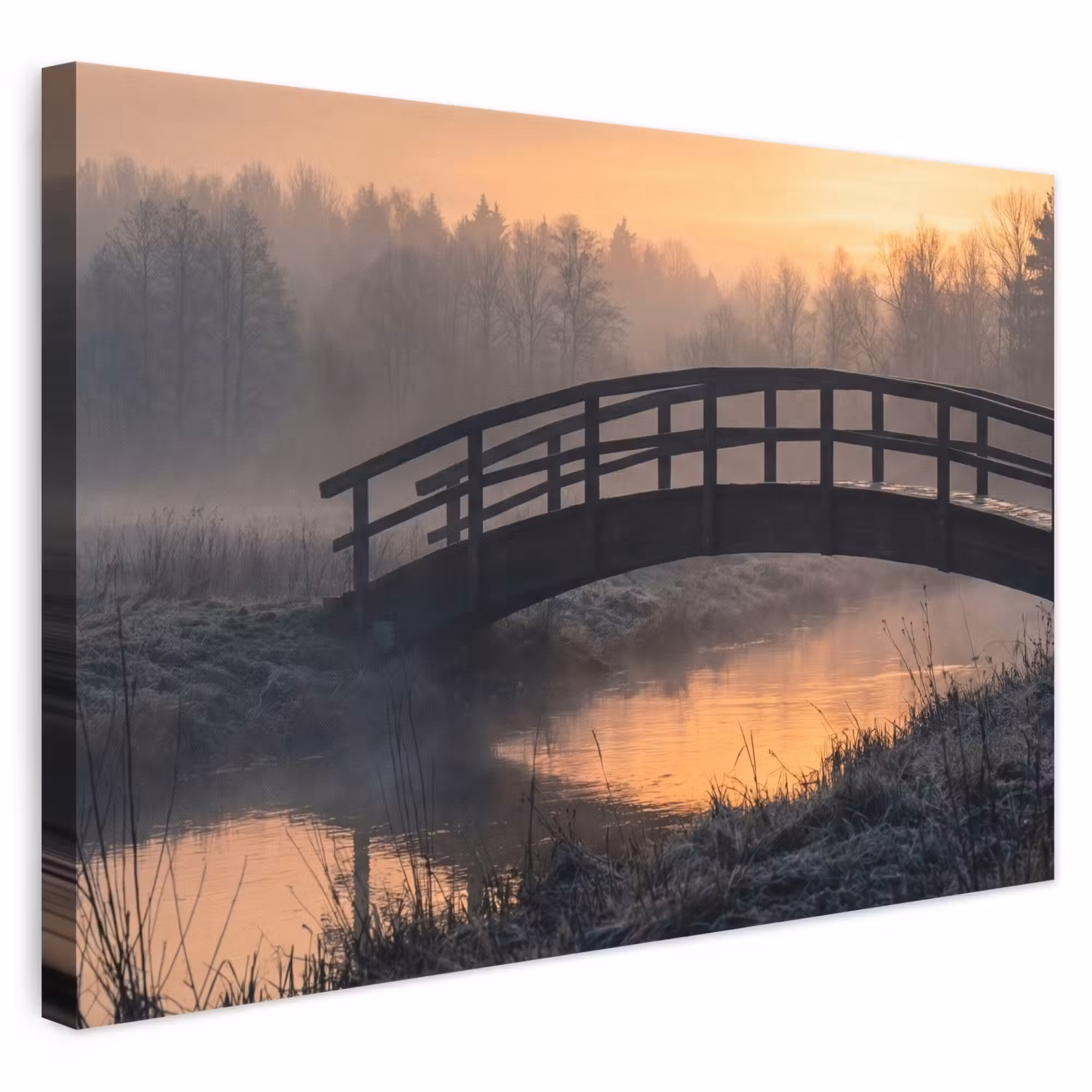 Leinwandbild - Brücke - Nebel - Bäume - Wasser