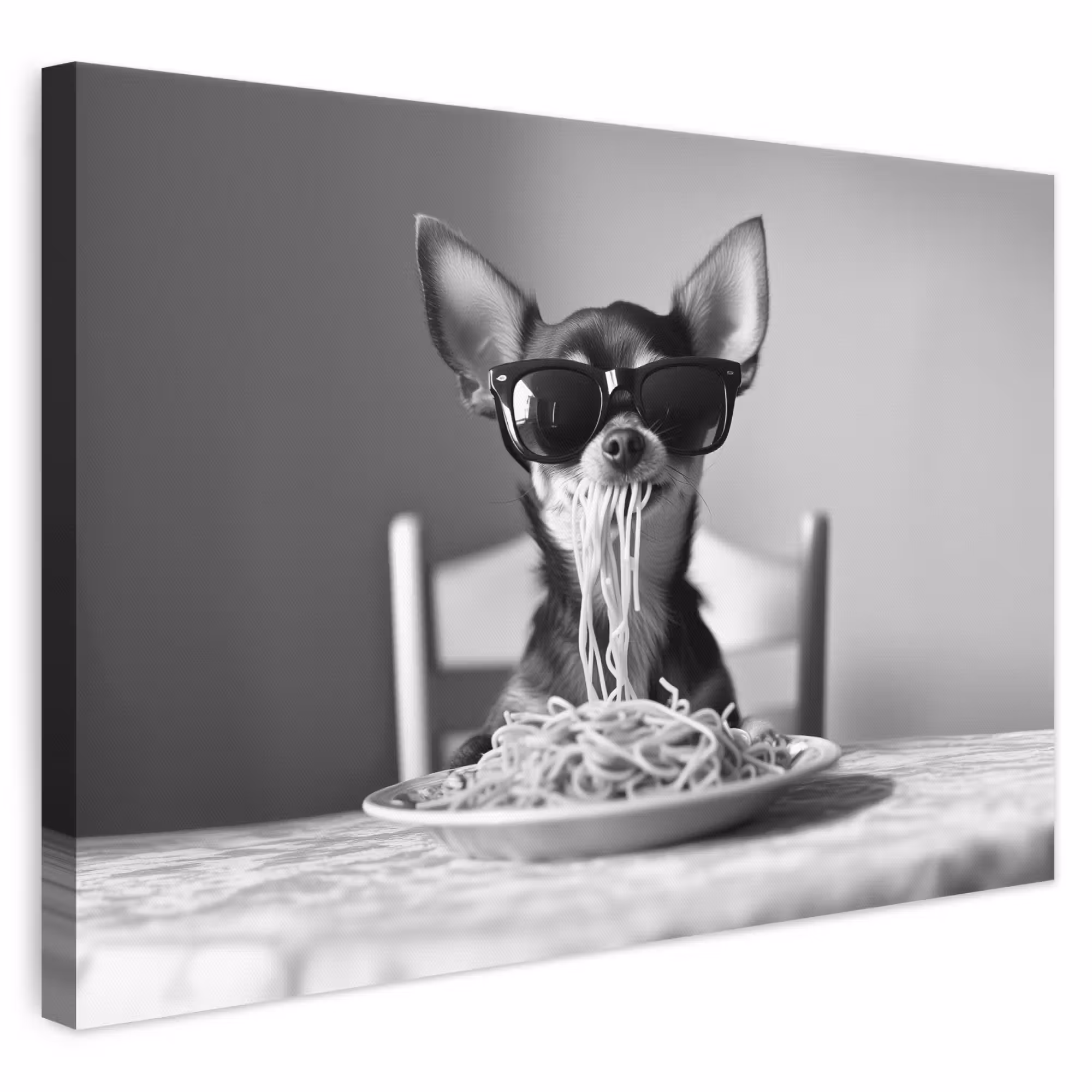 Leinwandbild - Chihuahua - Hund - Sonnenbrille - Humorvoll - Schwarz - Weiß - Spaghetti