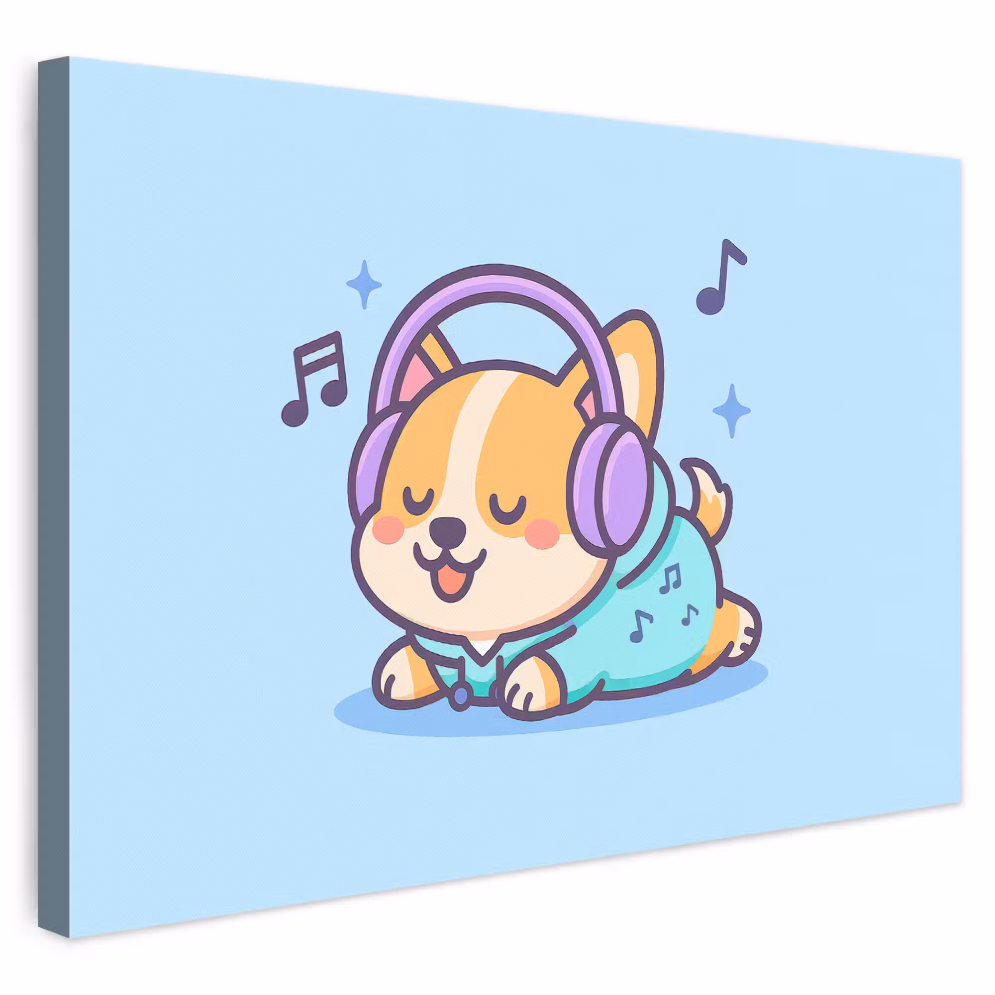 Leinwandbild - Corgi - Kopfhörer - Blau - Musikalische Noten