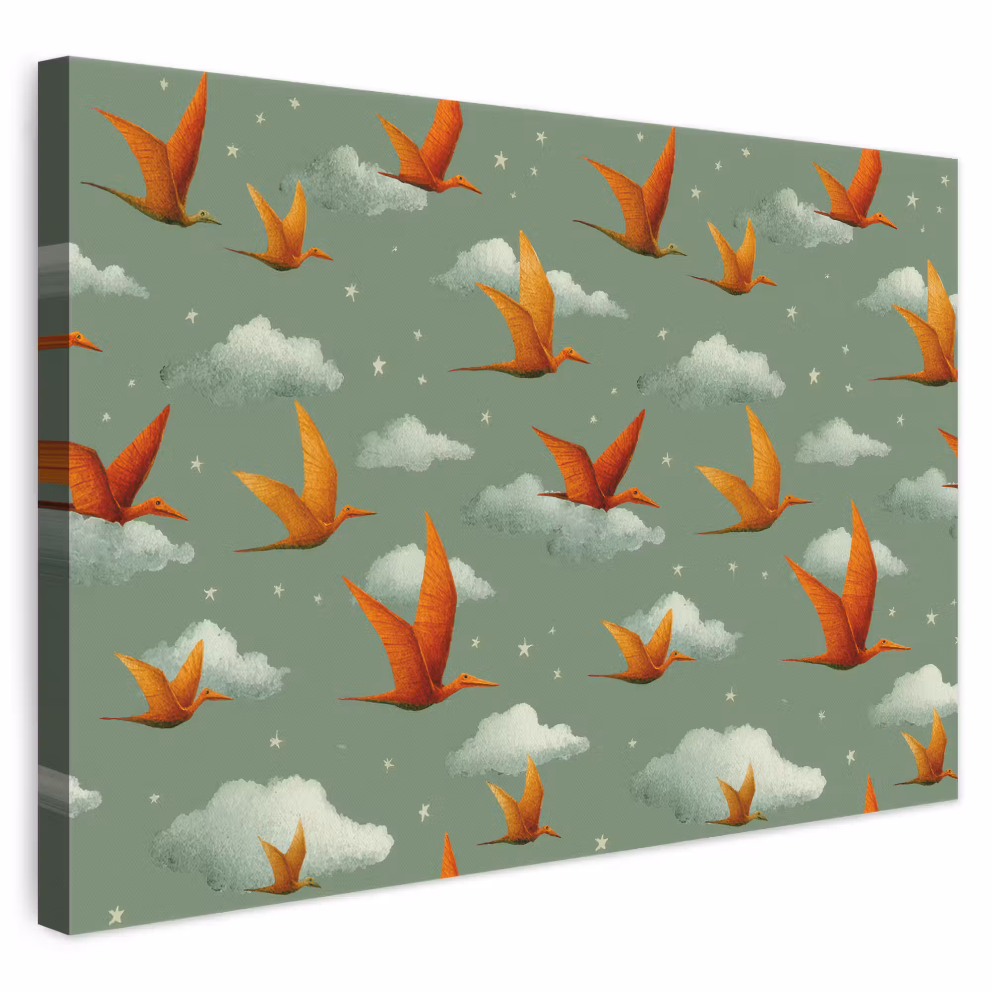 Leinwandbild - Dinosaurier - Wolken - Sterne - Orange