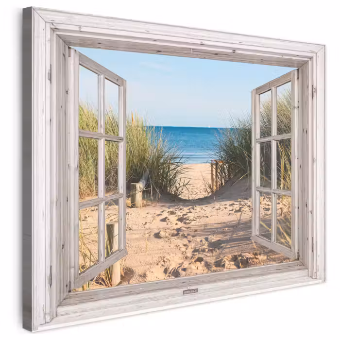 Leinwandbild - Durchblick - Strand - Meer - Dünen - Sand - Wasser - Hochgras