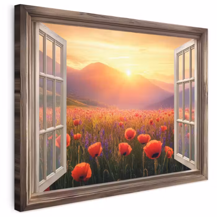Leinwandbild - Durchsichtig - Mohnblumen - Blumen - Rot - Offenes Fenster