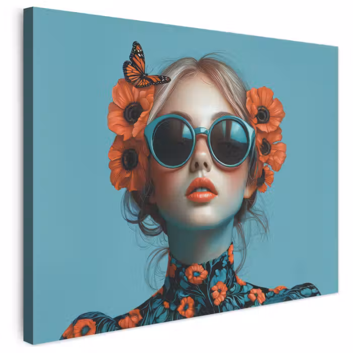 Leinwandbild - Frau - Blau - Schmetterling - Floral - Ästhetisch