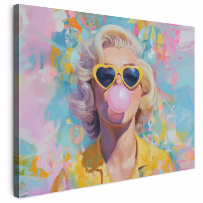 Leinwandbild - Frau - Blond - Rosa Kaugummi - Bunt - Pastell
