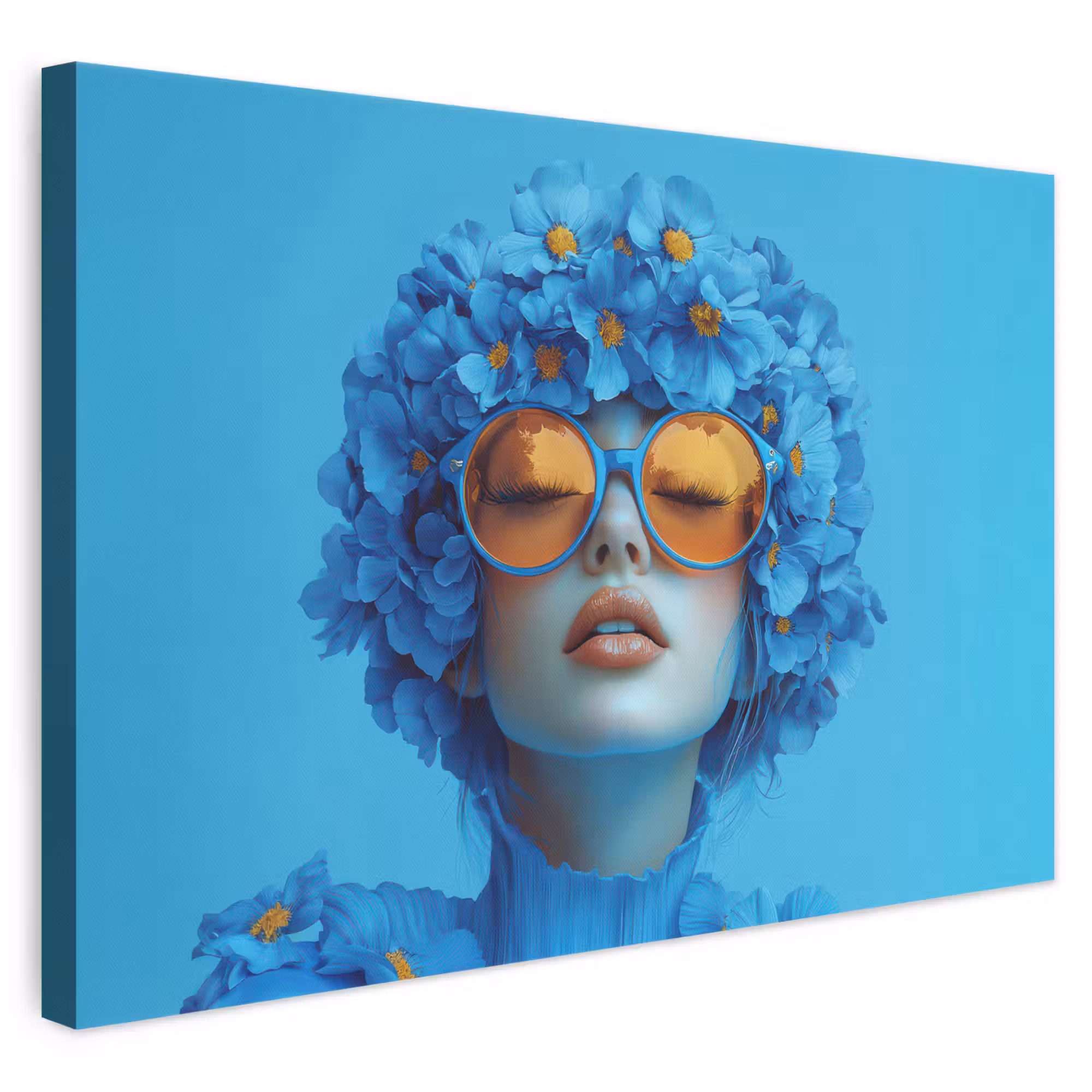 Leinwandbild - Frau - Blume - Blau - Modern - Brille - Porträt