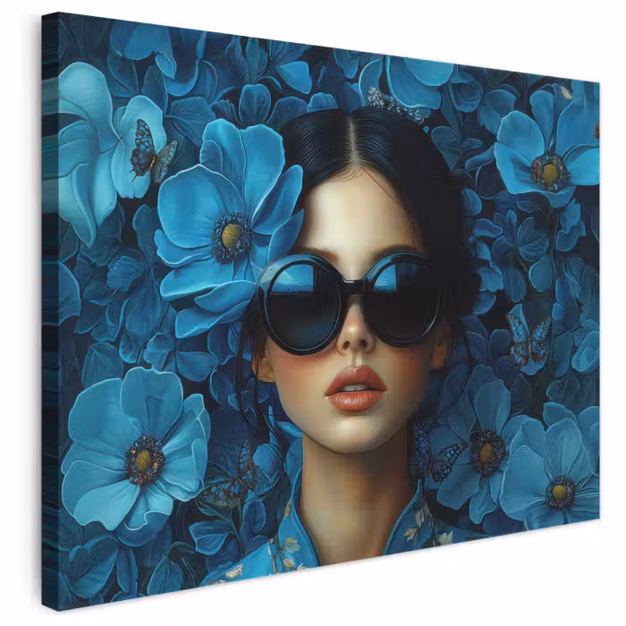 Leinwandbild - Frau - Blumen - Blau - Ästhetik - Luxus