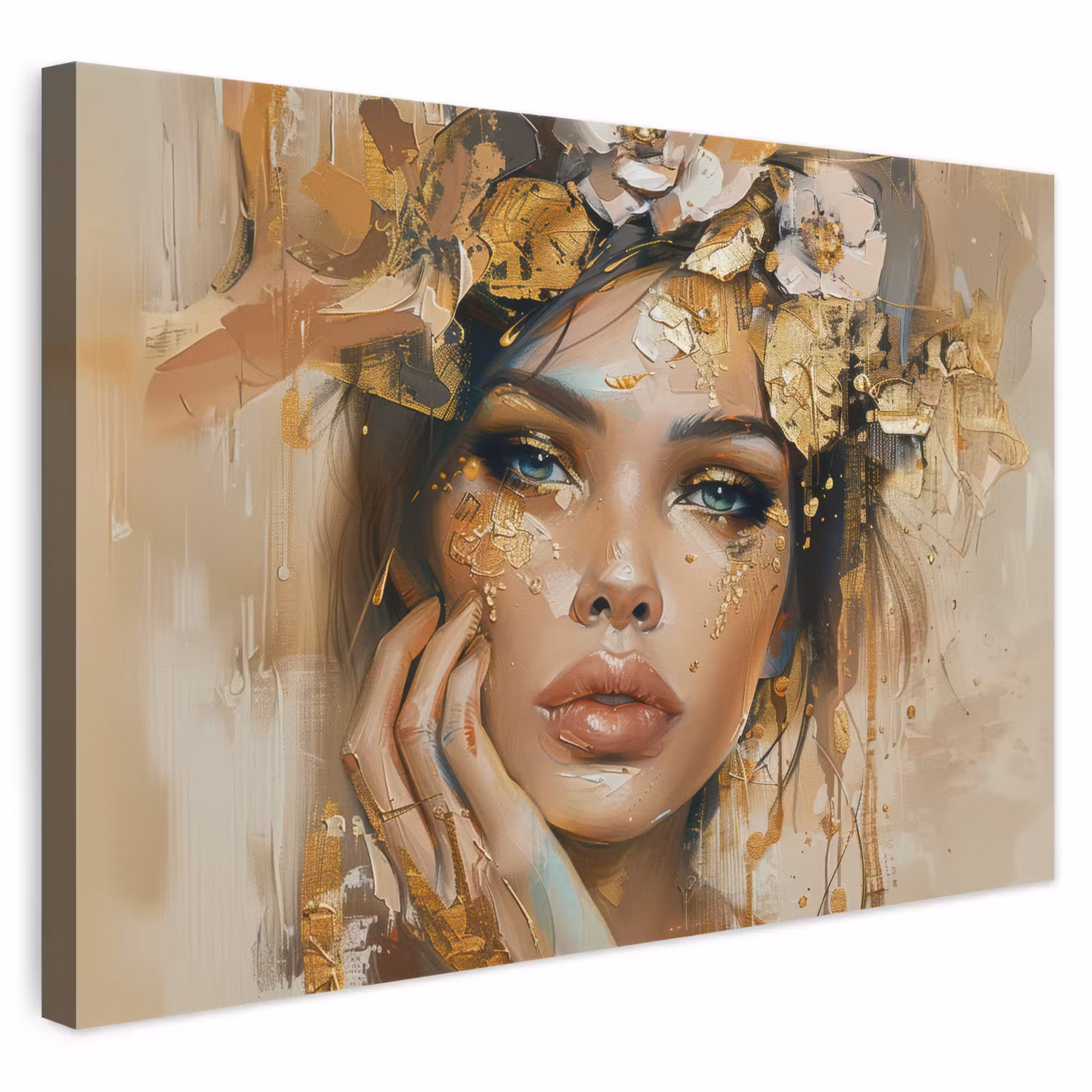 Leinwandbild - Frau - Blumen - Gold - Porträt