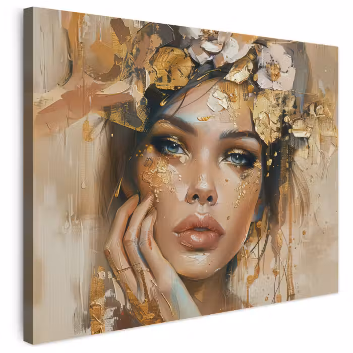 Leinwandbild - Frau - Blumen - Gold - Porträt