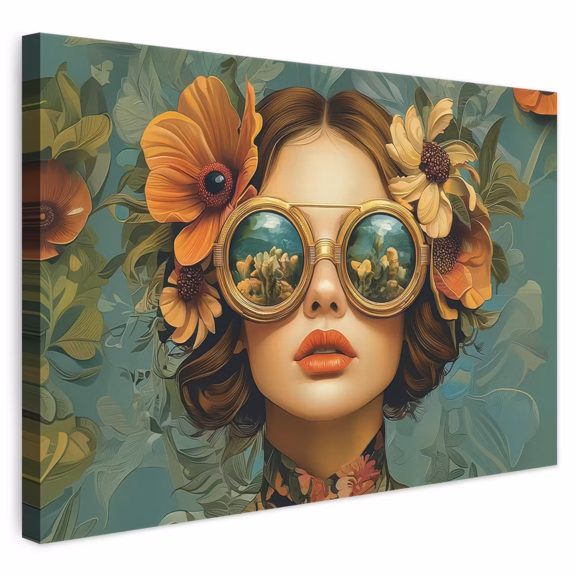Leinwandbild - Frau - Blumen - Schmetterlinge - Natur - Vintage