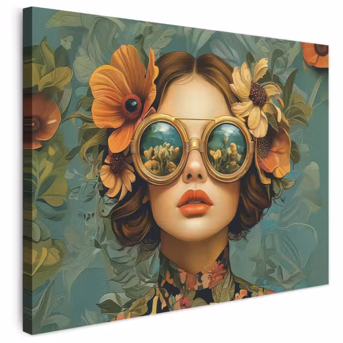 Leinwandbild - Frau - Blumen - Schmetterlinge - Natur - Vintage