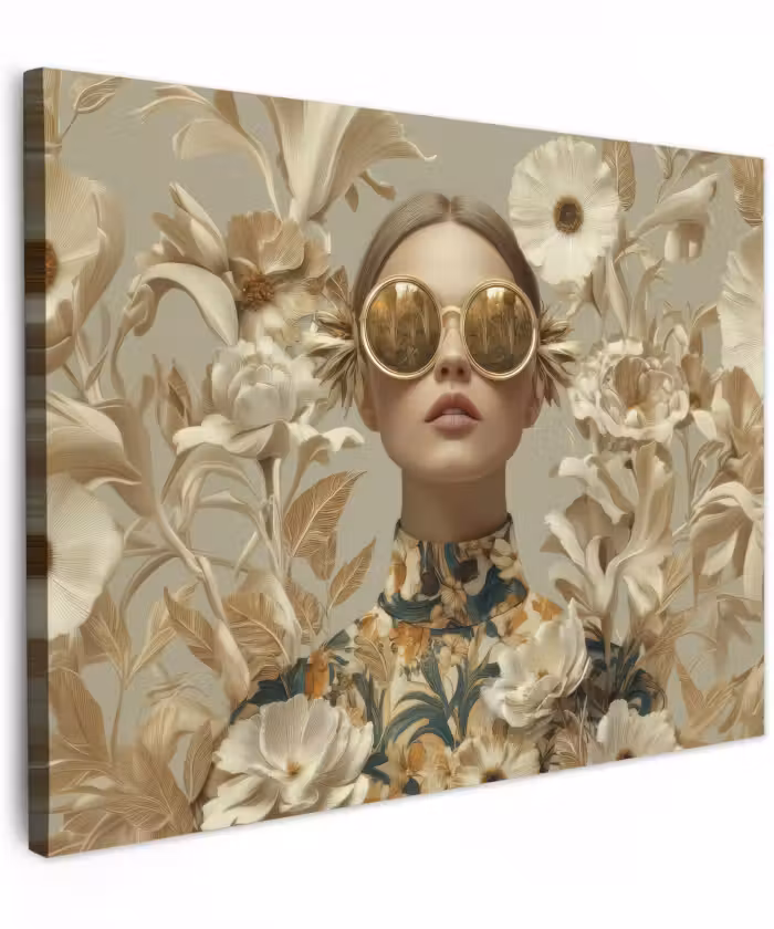 Leinwandbild - Frau - Blumen - Sonnenbrille - Weiß