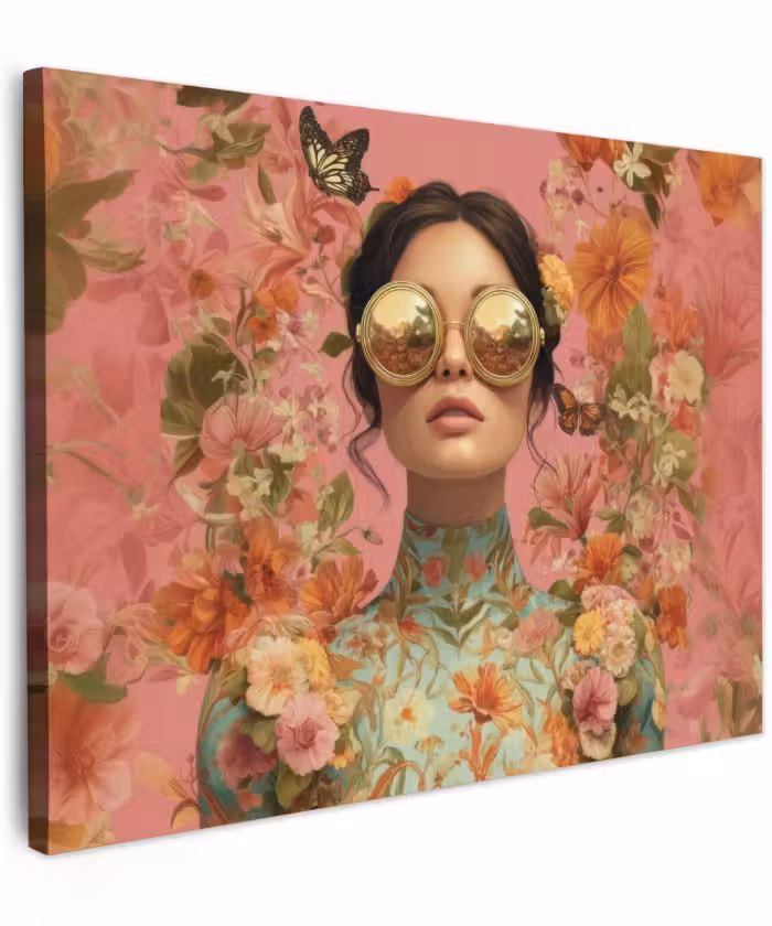 Leinwandbild - Frau - Brille - Rosa - Blumen