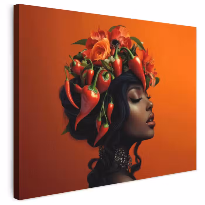 Leinwandbild - Frau - Chilischoten - Blumen