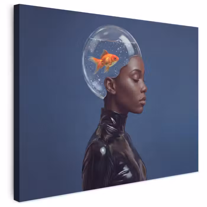 Leinwandbild - Frau – Goldfisch – Kopf – Abstrakt – Blau