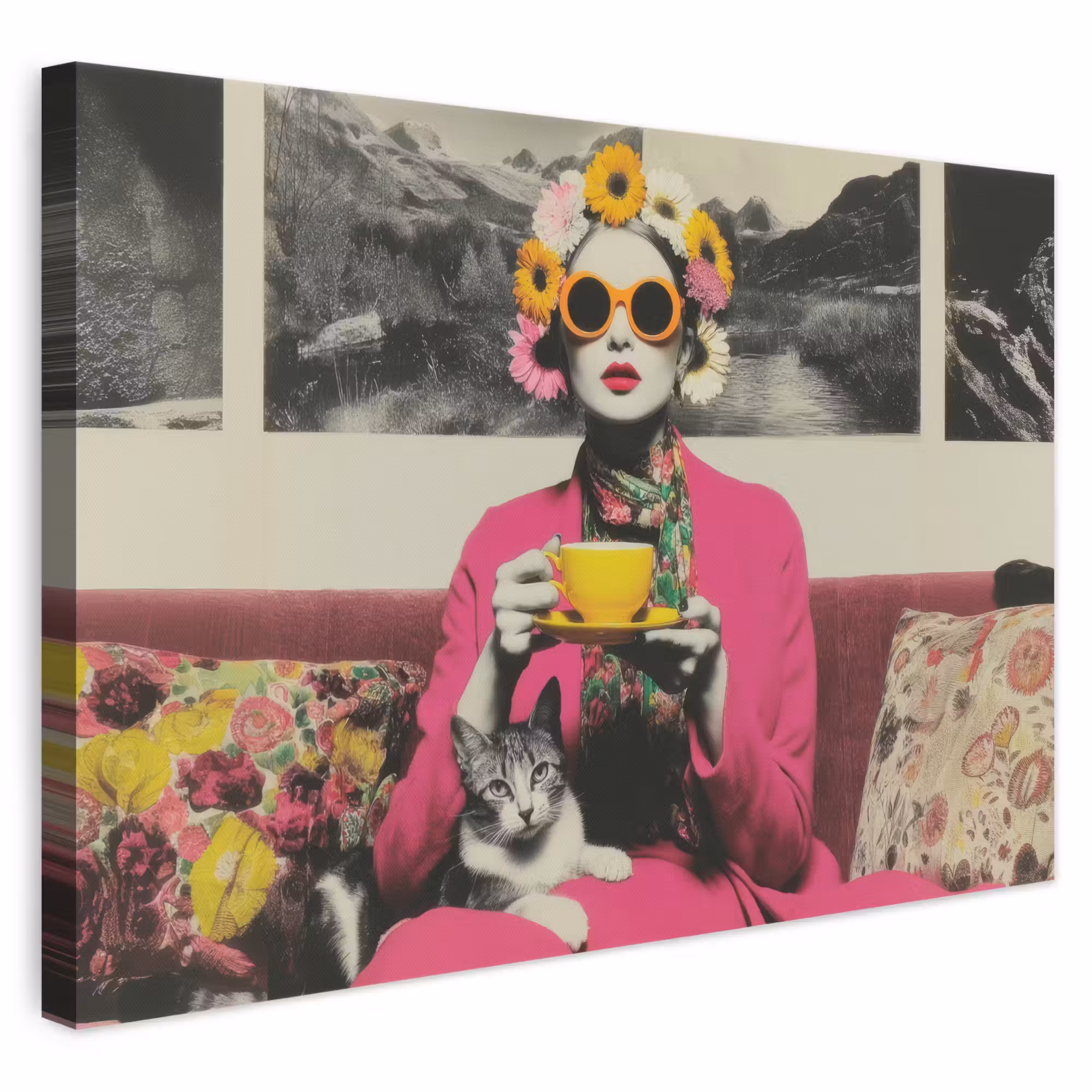 Leinwandbild - Frau - Katze - Blumen - Tasse - Retro